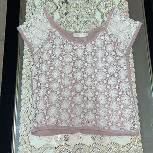 Pink short-sleeved blouse with cream embroidery